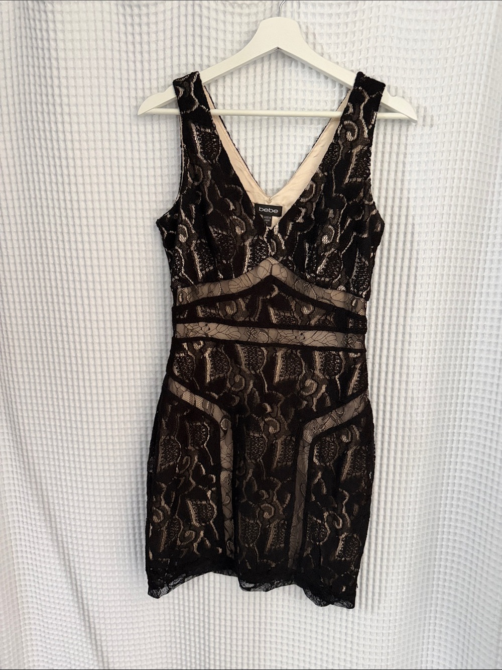 bebe Black Lace Overlay Nude Sheath Dress